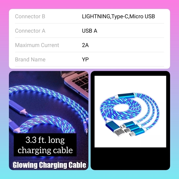 5/25 blue or Red light up LED Micro USB type C iphone samsung charger 3-in-1 - Picture 6 of 9